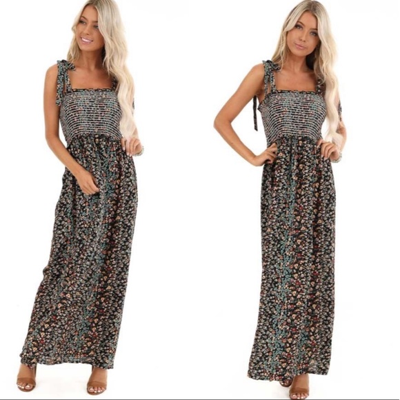 Penna&Pine Dresses & Skirts - Black Floral Smocked Maxi Dress